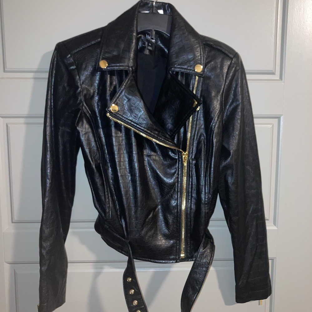 INC International Concepts Black Leather Jacket with Gold Details